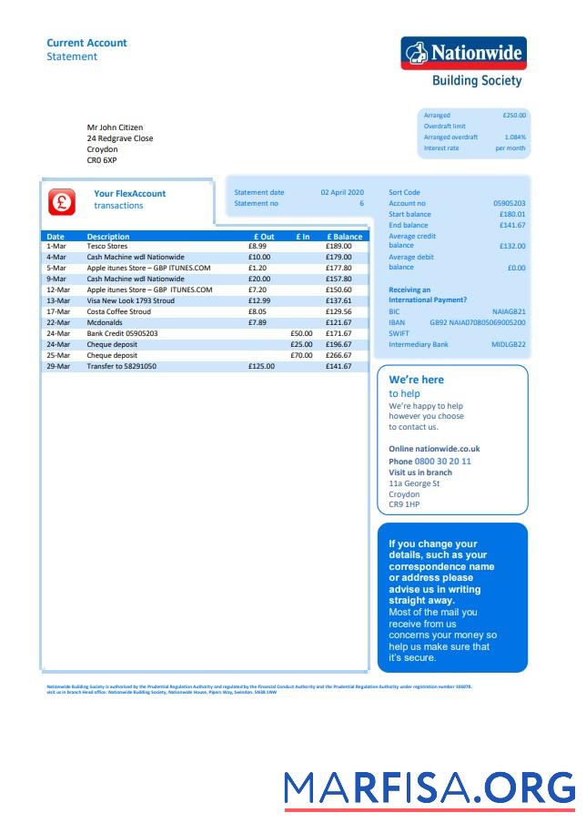 Printable UK Nationwide utility bill template in Word and PDF format
